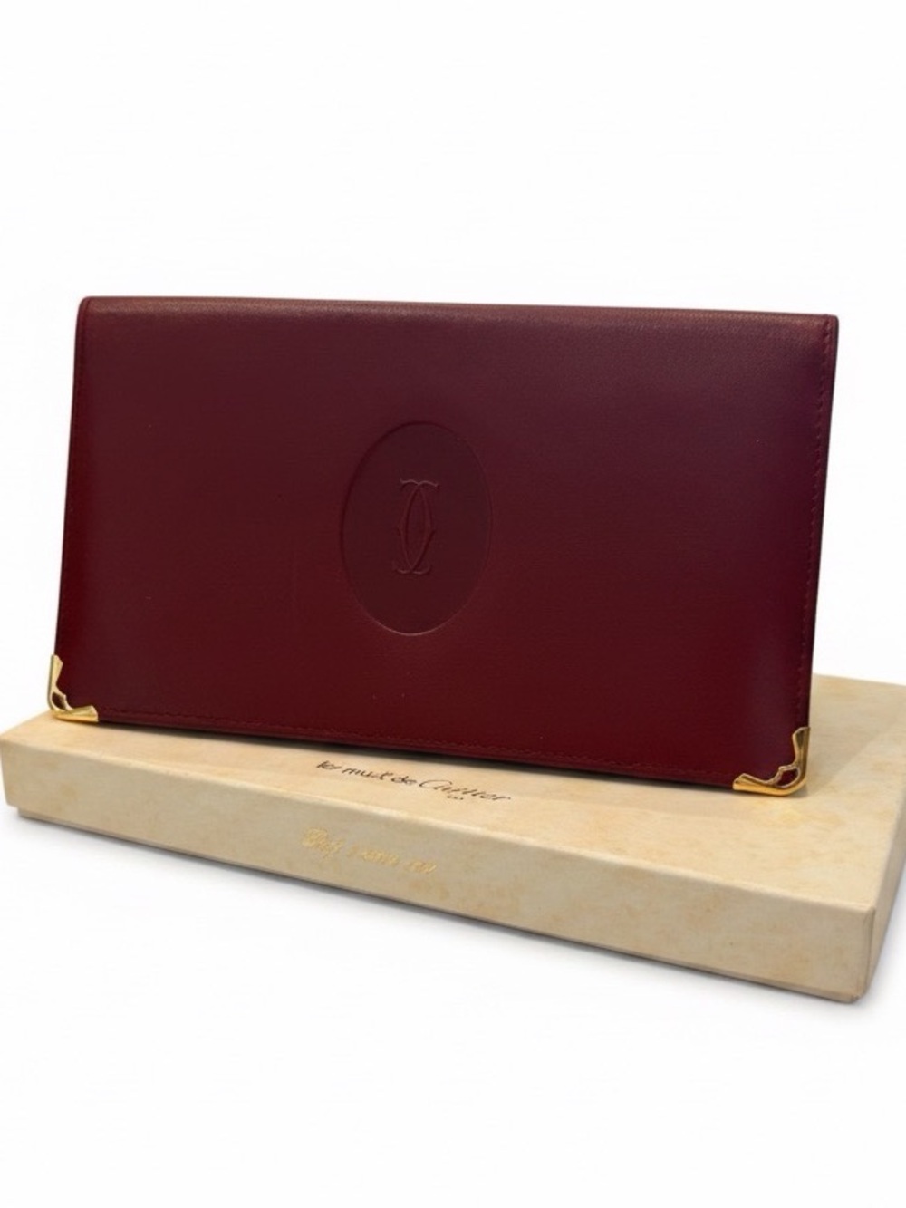 Cartier Burgundy Leather Long Wallet with Gold Corner Hardware